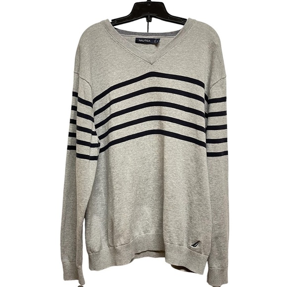 Nautica striped knited Sweater v neck grey blue size L sailor sail long sleeves - Picture 2 of 10